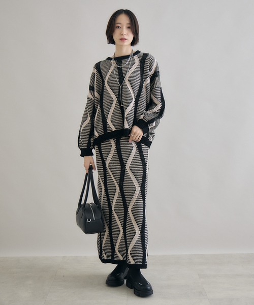 Paradise Picnic（パラダイスピクニック）の「モールヤーンウエーブジャガードスカート（スカート・レディース・ブラック/カーキ・FREE）」の18枚目の写真