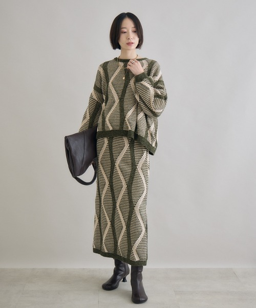 Paradise Picnic（パラダイスピクニック）の「モールヤーンウエーブジャガードスカート（スカート・レディース・ブラック/カーキ・FREE）」の15枚目の写真