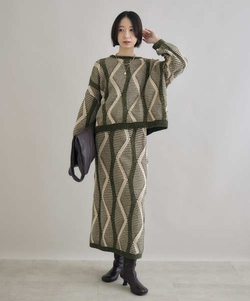 Paradise Picnic（パラダイスピクニック）の「モールヤーンウエーブジャガードスカート（スカート・レディース・ブラック/カーキ・FREE）」の16枚目の写真