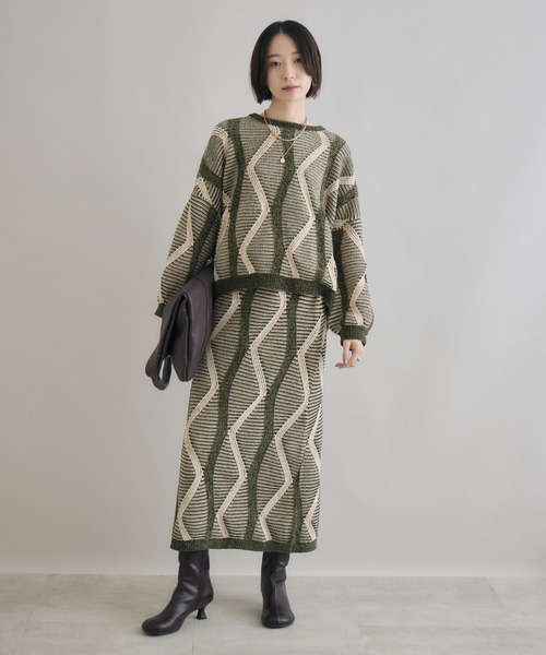 Paradise Picnic（パラダイスピクニック）の「モールヤーンウエーブジャガードスカート（スカート・レディース・ブラック/カーキ・FREE）」の17枚目の写真