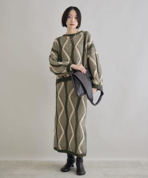 Paradise Picnic（パラダイスピクニック）の「モールヤーンウエーブジャガードスカート（スカート・レディース・ブラック/カーキ・FREE）」の6枚目の写真