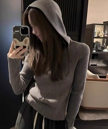 【WEB限定】フード付きリブニットトップス［韓国ファッション カジュアル］