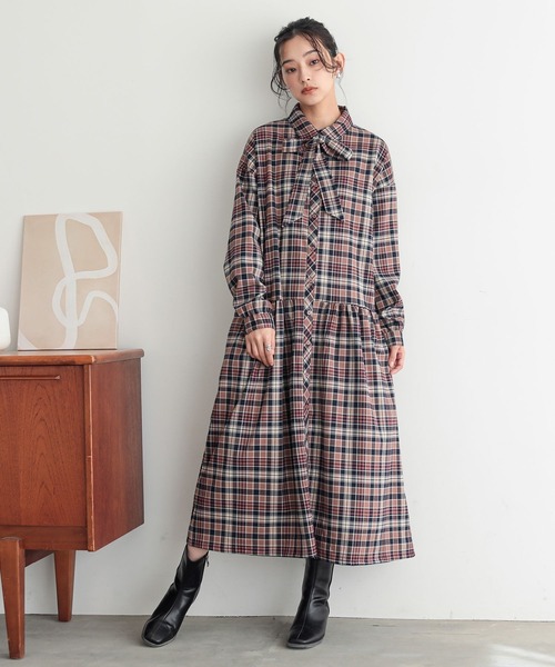 n'OrLABEL（ノアールレーベル）の「『ボウタイ付きチェックワンピース』（シャツワンピース・レディース・グレー/ブラウン・1/2）」の6枚目の写真