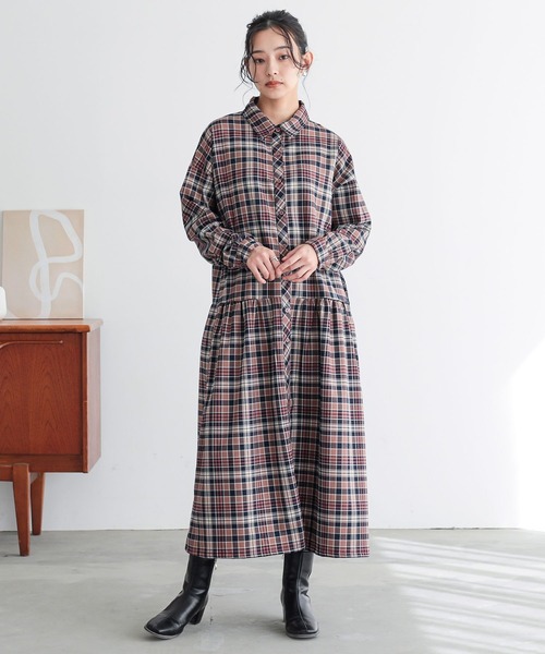 n'OrLABEL（ノアールレーベル）の「『ボウタイ付きチェックワンピース』（シャツワンピース・レディース・グレー/ブラウン・1/2）」の5枚目の写真