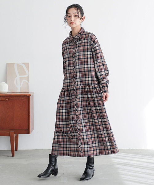 n'OrLABEL（ノアールレーベル）の「『ボウタイ付きチェックワンピース』（シャツワンピース・レディース・グレー/ブラウン・1/2）」の7枚目の写真
