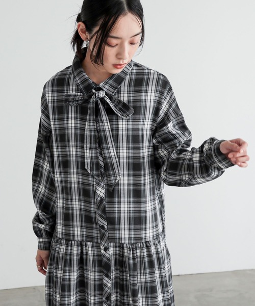 n'OrLABEL（ノアールレーベル）の「『ボウタイ付きチェックワンピース』（シャツワンピース・レディース・グレー/ブラウン・1/2）」の12枚目の写真