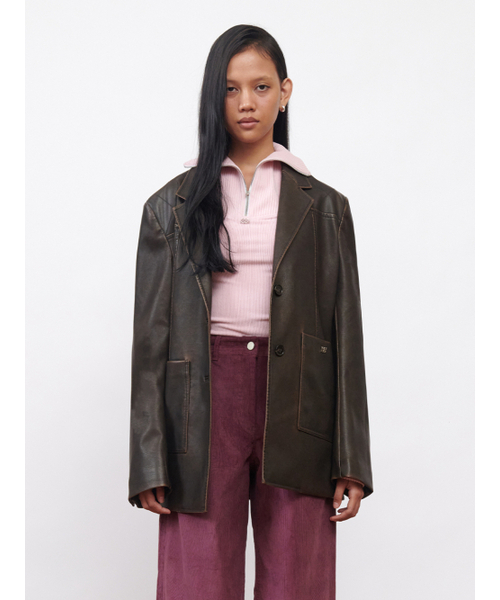 Kijun(キジュン)の「Faux-Leather Stitched Blazer Dark Brown(ライダースジャケット・レディース・その他・LARGE/SMALL/MEDIUM)」の1枚目の写真