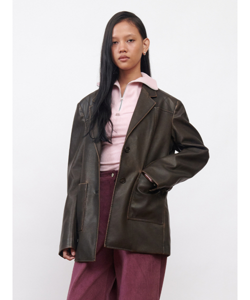 Kijun(キジュン)の「Faux-Leather Stitched Blazer Dark Brown(ライダースジャケット・レディース・その他・LARGE/SMALL/MEDIUM)」の2枚目の写真