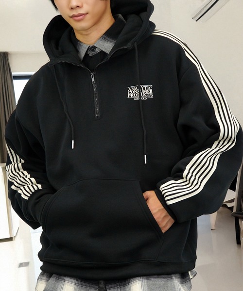 L'atelier(ラトリエ)の「ワイド ハーフジップパーカー 裏起毛 長袖 グラフィック スウェット 韓国系 フーディー(パーカー・メンズ・ダークグリーン系/ホワイト/チョコ/ブラック・M/L/LL)」の3枚目の写真