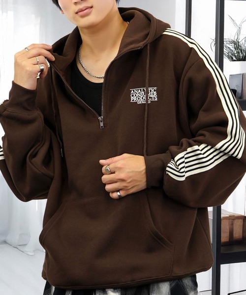 L'atelier(ラトリエ)の「ワイド ハーフジップパーカー 裏起毛 長袖 グラフィック スウェット 韓国系 フーディー(パーカー・メンズ・ダークグリーン系/ホワイト/チョコ/ブラック・M/L/LL)」の15枚目の写真