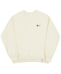 [UNISEX]スモールフラワーベアフェイス刺繍スマイルマンツーマン_クリーム