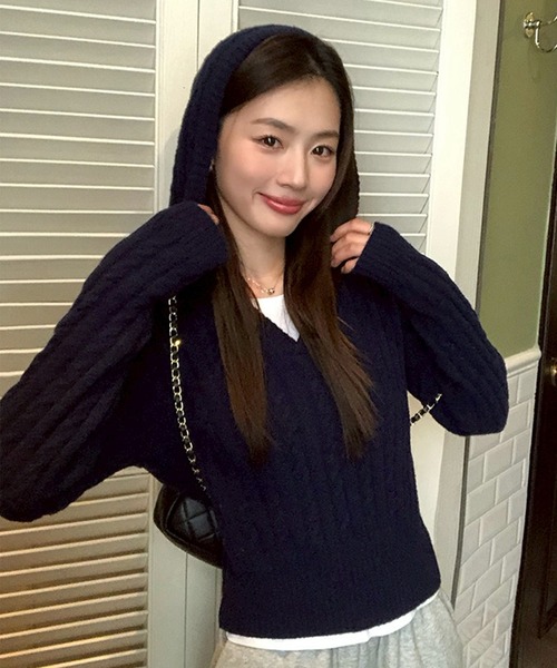 セール】ケーブルニットパーカー/ニットフーディー（パーカー）｜leune