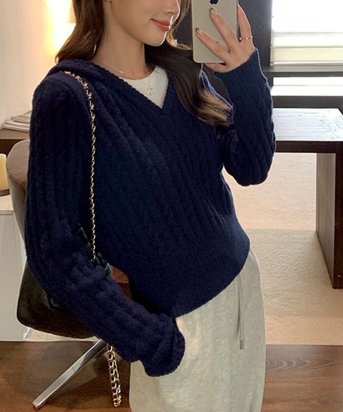 セール】ケーブルニットパーカー/ニットフーディー（パーカー）｜leune