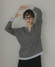 配色 キーネック リブニット