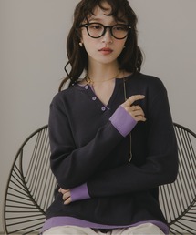 配色 キーネック リブニット
