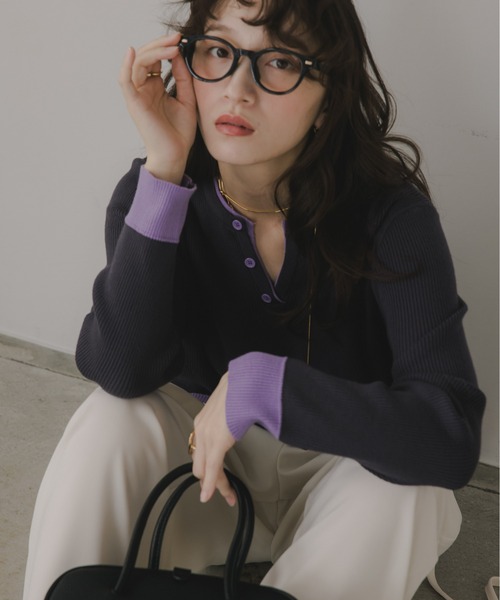 210nouve（トゥージュヌーブ）の「配色 キーネック リブニット（ニット/セーター・レディース・ブラウン/グレー/チャコールグレー/ネイビー・FREE）」の15枚目の写真