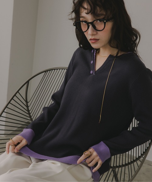 210nouve（トゥージュヌーブ）の「配色 キーネック リブニット（ニット/セーター・レディース・ブラウン/グレー/チャコールグレー/ネイビー・FREE）」の14枚目の写真