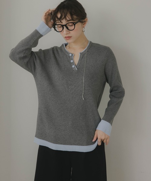 210nouve（トゥージュヌーブ）の「配色 キーネック リブニット（ニット/セーター・レディース・ブラウン/グレー/チャコールグレー/ネイビー・FREE）」の22枚目の写真