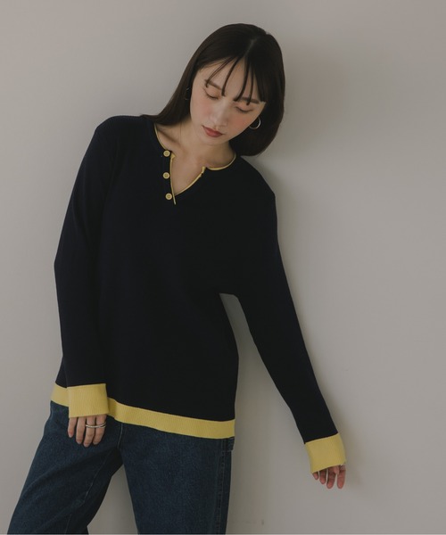 210nouve（トゥージュヌーブ）の「配色 キーネック リブニット（ニット/セーター・レディース・ブラウン/グレー/チャコールグレー/ネイビー・FREE）」の9枚目の写真