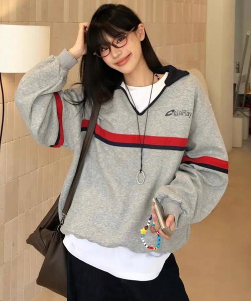 AsheKsha(アシクシャ)の「カップルはゆったりしたVネックトップスを着用できます(スウェット・レディース・グレー・M/L)」の4枚目の写真