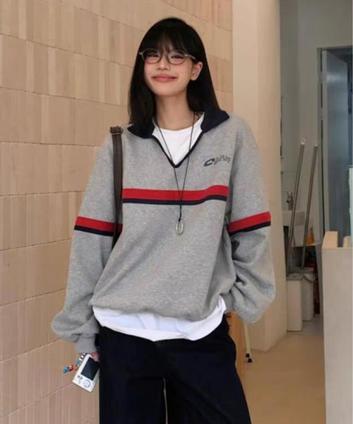 AsheKsha(アシクシャ)の「カップルはゆったりしたVネックトップスを着用できます(スウェット・レディース・グレー・M/L)」の5枚目の写真