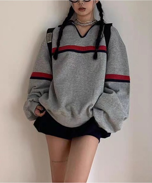 AsheKsha(アシクシャ)の「カップルはゆったりしたVネックトップスを着用できます(スウェット・レディース・グレー・M/L)」の10枚目の写真