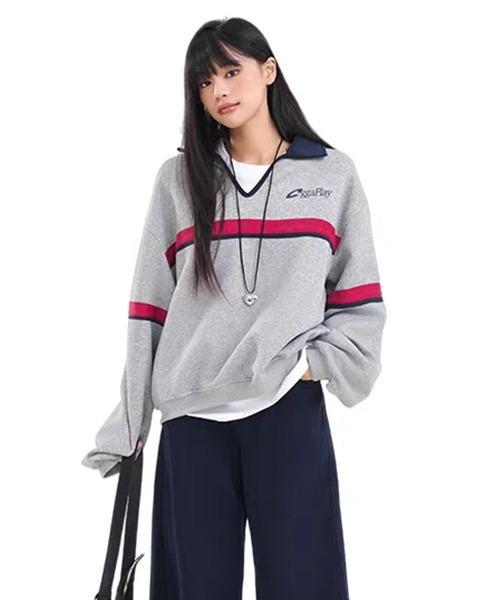 AsheKsha(アシクシャ)の「カップルはゆったりしたVネックトップスを着用できます(スウェット・レディース・グレー・M/L)」の13枚目の写真