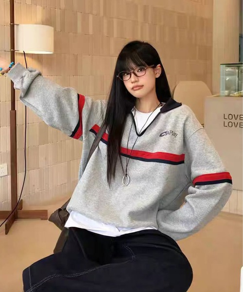 AsheKsha(アシクシャ)の「カップルはゆったりしたVネックトップスを着用できます(スウェット・レディース・グレー・M/L)」の14枚目の写真