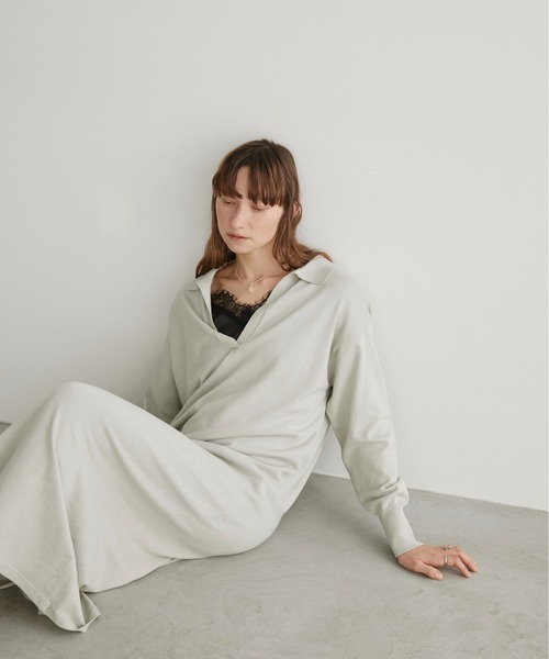 LOSCa（ロスカ）の「スキッパーニットロングワンピース（ワンピース・レディース・チャコールグレー/アイボリー/ライトグレー・S/M）」の3枚目の写真