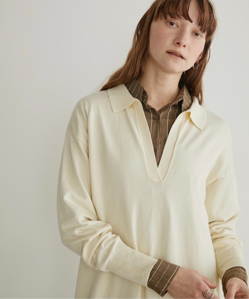 LOSCa（ロスカ）の「スキッパーニットロングワンピース（ワンピース・レディース・チャコールグレー/アイボリー/ライトグレー・S/M）」の4枚目の写真