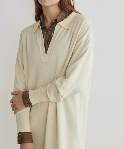 LOSCa（ロスカ）の「スキッパーニットロングワンピース（ワンピース・レディース・チャコールグレー/アイボリー/ライトグレー・S/M）」の5枚目の写真