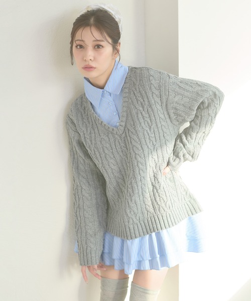 Ambre Neige(アンブルネージュ)の「stripe shirts docking cable knit tunic / ストライプシャツドッキングケーブルニットチュニック(ワンピース・レディース・ネイビー/ピンク/アイボリー/杢グレー・FREE)」の3枚目の写真