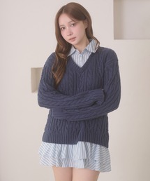 stripe shirts docking cable knit tunic / ストライプシャツドッキングケーブルニットチュニック