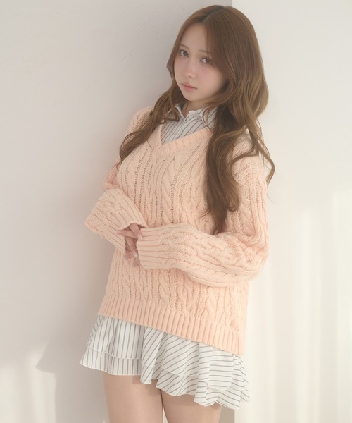 stripe shirts docking cable knit tunic / ストライプシャツ