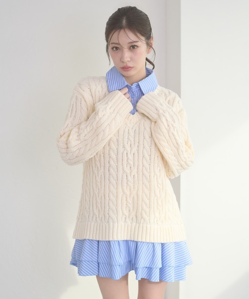 Ambre Neige(アンブルネージュ)の「stripe shirts docking cable knit tunic / ストライプシャツドッキングケーブルニットチュニック(ワンピース・レディース・ネイビー/ピンク/アイボリー/杢グレー・FREE)」の2枚目の写真