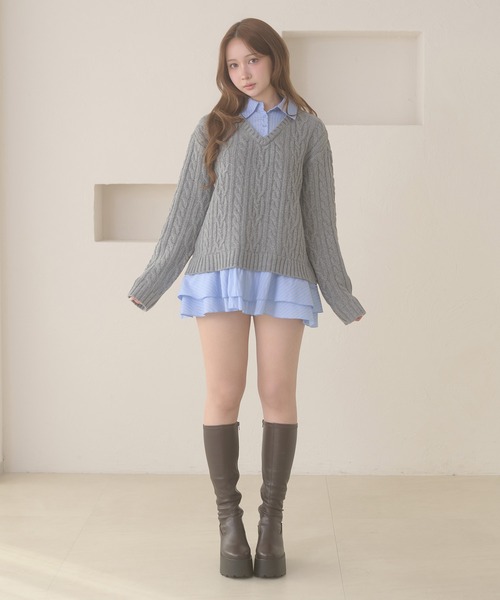 Ambre Neige(アンブルネージュ)の「stripe shirts docking cable knit tunic / ストライプシャツドッキングケーブルニットチュニック(ワンピース・レディース・ネイビー/ピンク/アイボリー/杢グレー・FREE)」の20枚目の写真