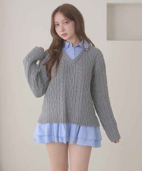 Ambre Neige(アンブルネージュ)の「stripe shirts docking cable knit tunic / ストライプシャツドッキングケーブルニットチュニック(ワンピース・レディース・ネイビー/ピンク/アイボリー/杢グレー・FREE)」の17枚目の写真