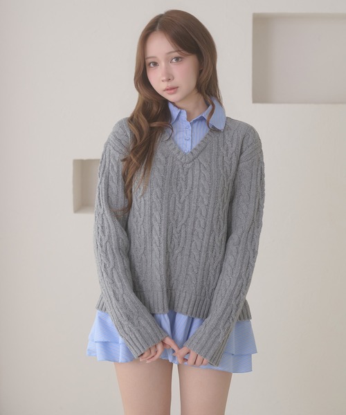 Ambre Neige(アンブルネージュ)の「stripe shirts docking cable knit tunic / ストライプシャツドッキングケーブルニットチュニック(ワンピース・レディース・ネイビー/ピンク/アイボリー/杢グレー・FREE)」の18枚目の写真