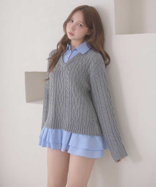 Ambre Neige(アンブルネージュ)の「stripe shirts docking cable knit tunic / ストライプシャツドッキングケーブルニットチュニック(ワンピース・レディース・ネイビー/ピンク/アイボリー/杢グレー・FREE)」の19枚目の写真