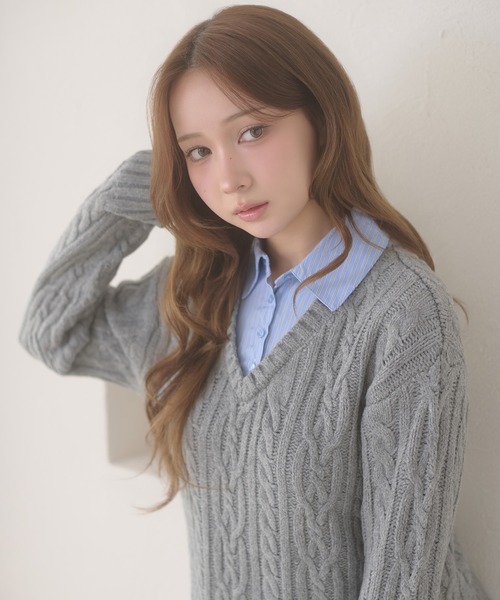 Ambre Neige(アンブルネージュ)の「stripe shirts docking cable knit tunic / ストライプシャツドッキングケーブルニットチュニック(ワンピース・レディース・ネイビー/ピンク/アイボリー/杢グレー・FREE)」の15枚目の写真