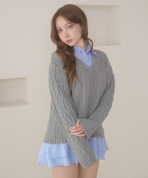 Ambre Neige(アンブルネージュ)の「stripe shirts docking cable knit tunic / ストライプシャツドッキングケーブルニットチュニック(ワンピース・レディース・ネイビー/ピンク/アイボリー/杢グレー・FREE)」の16枚目の写真