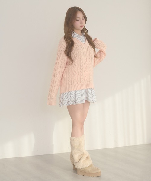 Ambre Neige(アンブルネージュ)の「stripe shirts docking cable knit tunic / ストライプシャツドッキングケーブルニットチュニック(ワンピース・レディース・ネイビー/ピンク/アイボリー/杢グレー・FREE)」の5枚目の写真