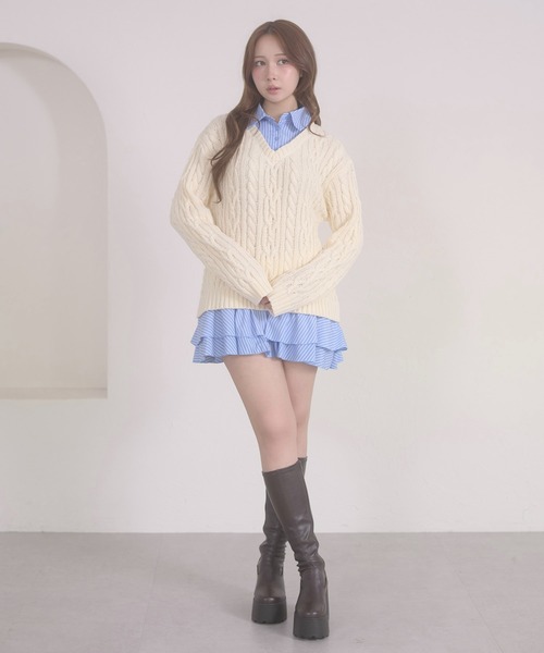 Ambre Neige(アンブルネージュ)の「stripe shirts docking cable knit tunic / ストライプシャツドッキングケーブルニットチュニック(ワンピース・レディース・ネイビー/ピンク/アイボリー/杢グレー・FREE)」の12枚目の写真