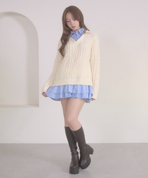 Ambre Neige(アンブルネージュ)の「stripe shirts docking cable knit tunic / ストライプシャツドッキングケーブルニットチュニック(ワンピース・レディース・ネイビー/ピンク/アイボリー/杢グレー・FREE)」の13枚目の写真