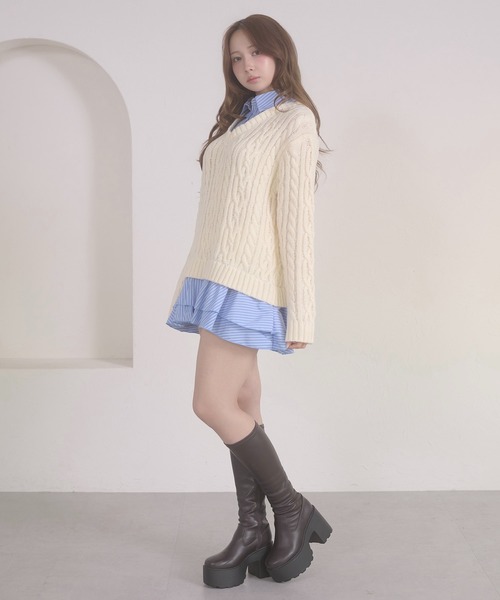 Ambre Neige(アンブルネージュ)の「stripe shirts docking cable knit tunic / ストライプシャツドッキングケーブルニットチュニック(ワンピース・レディース・ネイビー/ピンク/アイボリー/杢グレー・FREE)」の14枚目の写真