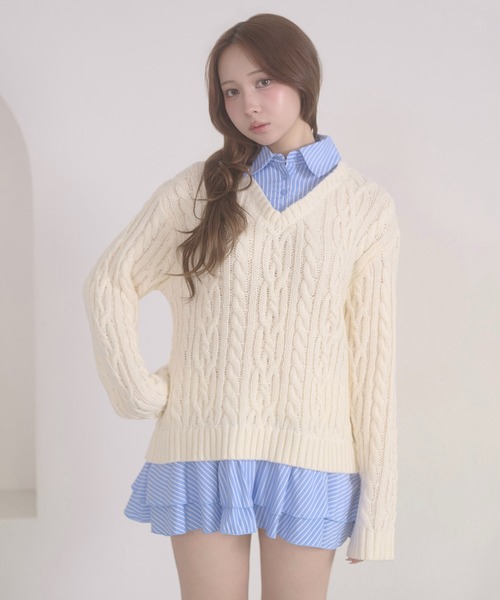 Ambre Neige(アンブルネージュ)の「stripe shirts docking cable knit tunic / ストライプシャツドッキングケーブルニットチュニック(ワンピース・レディース・ネイビー/ピンク/アイボリー/杢グレー・FREE)」の8枚目の写真