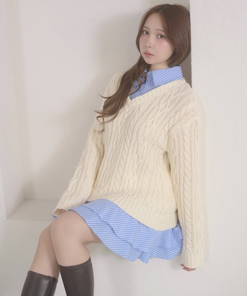 Ambre Neige(アンブルネージュ)の「stripe shirts docking cable knit tunic / ストライプシャツドッキングケーブルニットチュニック(ワンピース・レディース・ネイビー/ピンク/アイボリー/杢グレー・FREE)」の10枚目の写真
