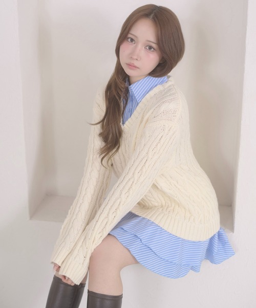 Ambre Neige(アンブルネージュ)の「stripe shirts docking cable knit tunic / ストライプシャツドッキングケーブルニットチュニック(ワンピース・レディース・ネイビー/ピンク/アイボリー/杢グレー・FREE)」の11枚目の写真