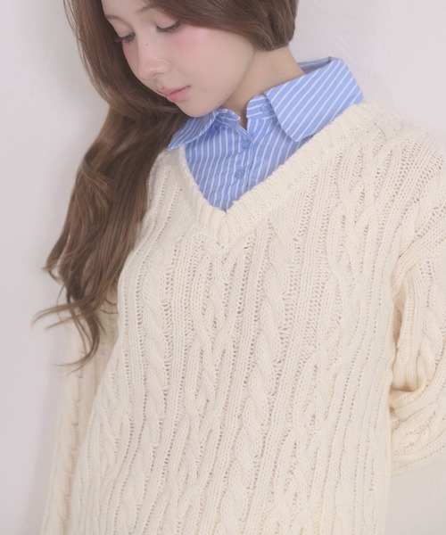 Ambre Neige(アンブルネージュ)の「stripe shirts docking cable knit tunic / ストライプシャツドッキングケーブルニットチュニック(ワンピース・レディース・ネイビー/ピンク/アイボリー/杢グレー・FREE)」の6枚目の写真