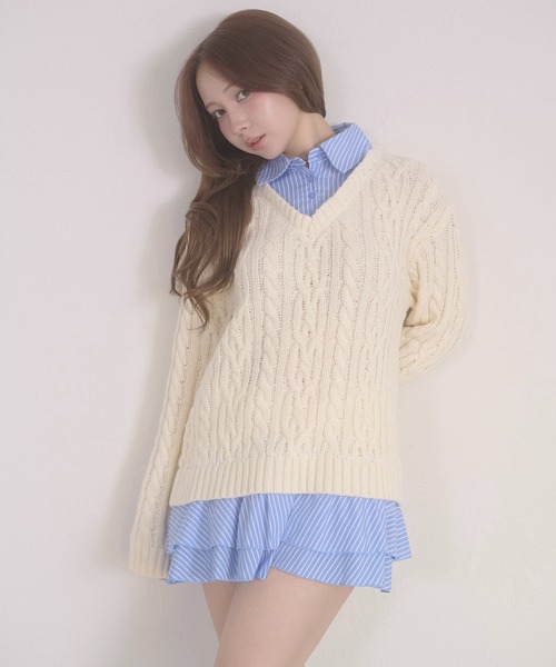Ambre Neige(アンブルネージュ)の「stripe shirts docking cable knit tunic / ストライプシャツドッキングケーブルニットチュニック(ワンピース・レディース・ネイビー/ピンク/アイボリー/杢グレー・FREE)」の7枚目の写真